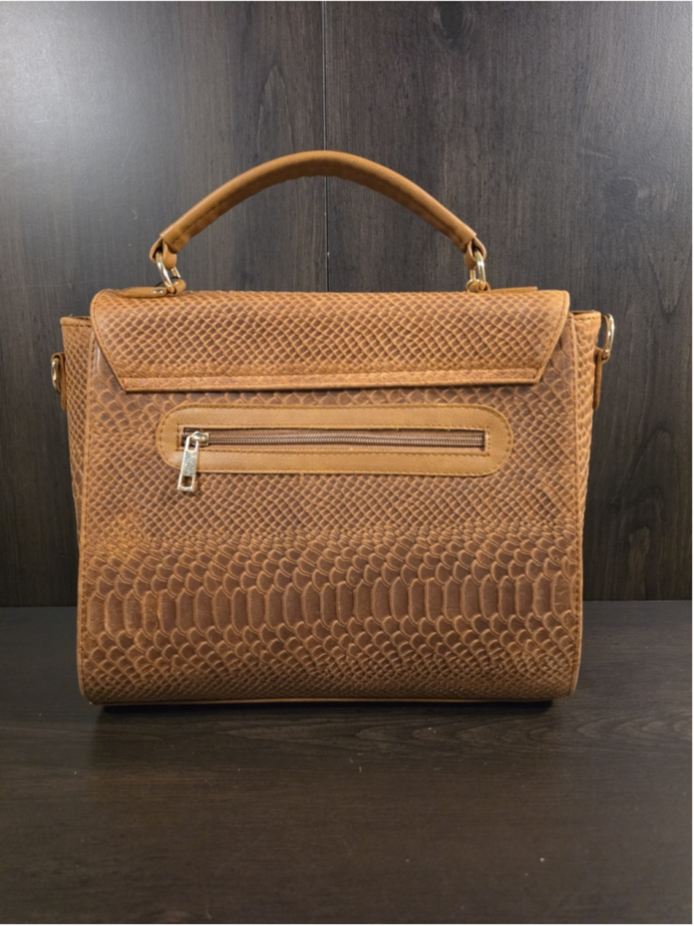 Bow Cognac Brown Snake Skin Embossed Tooled Artisan Cowhide LEATHER Bag Purse - Picture 6 of 16